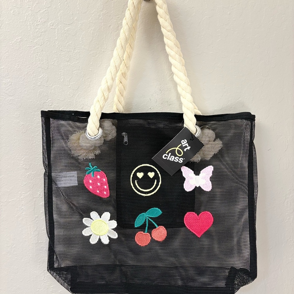 Art Class Black Mesh Tote with Pink Butterfly